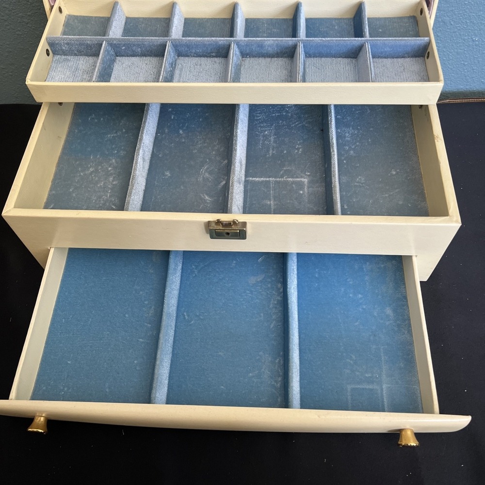 Vtg Large Lady Buxton Jewelry Box Multi Drawers Mid Century Modern Blue Velvet - Picture 3 of 16